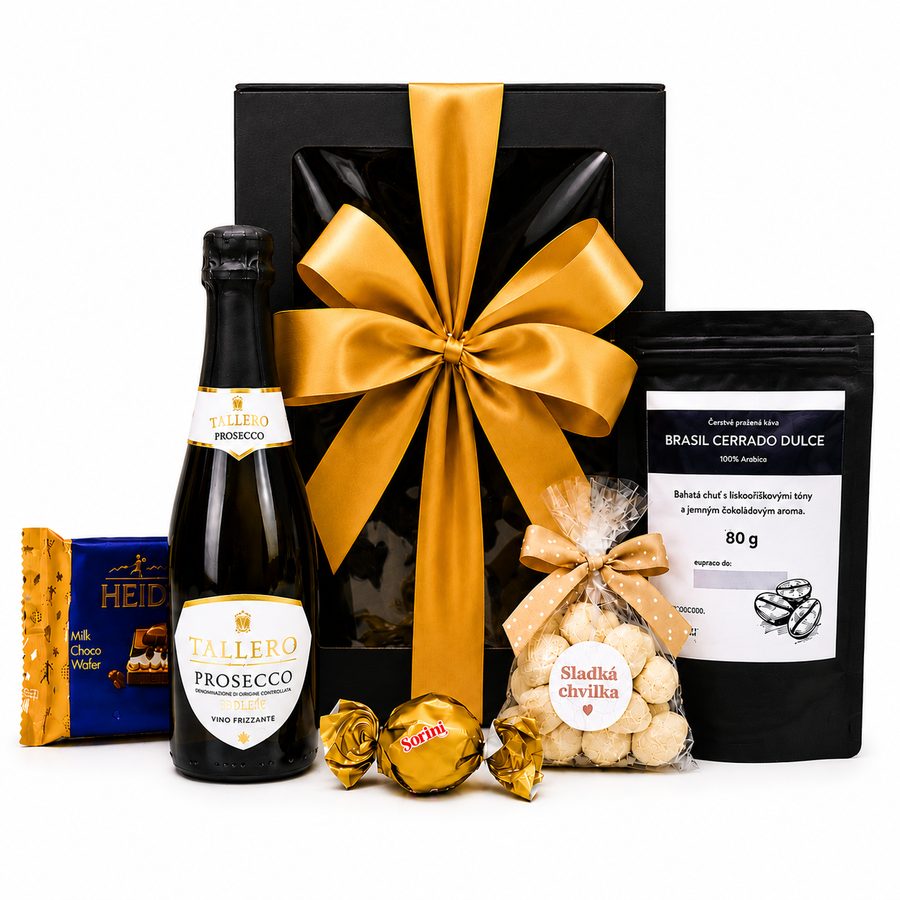 Dárkový balíček se zlatou stuhou — prosecco, čokoláda a káva